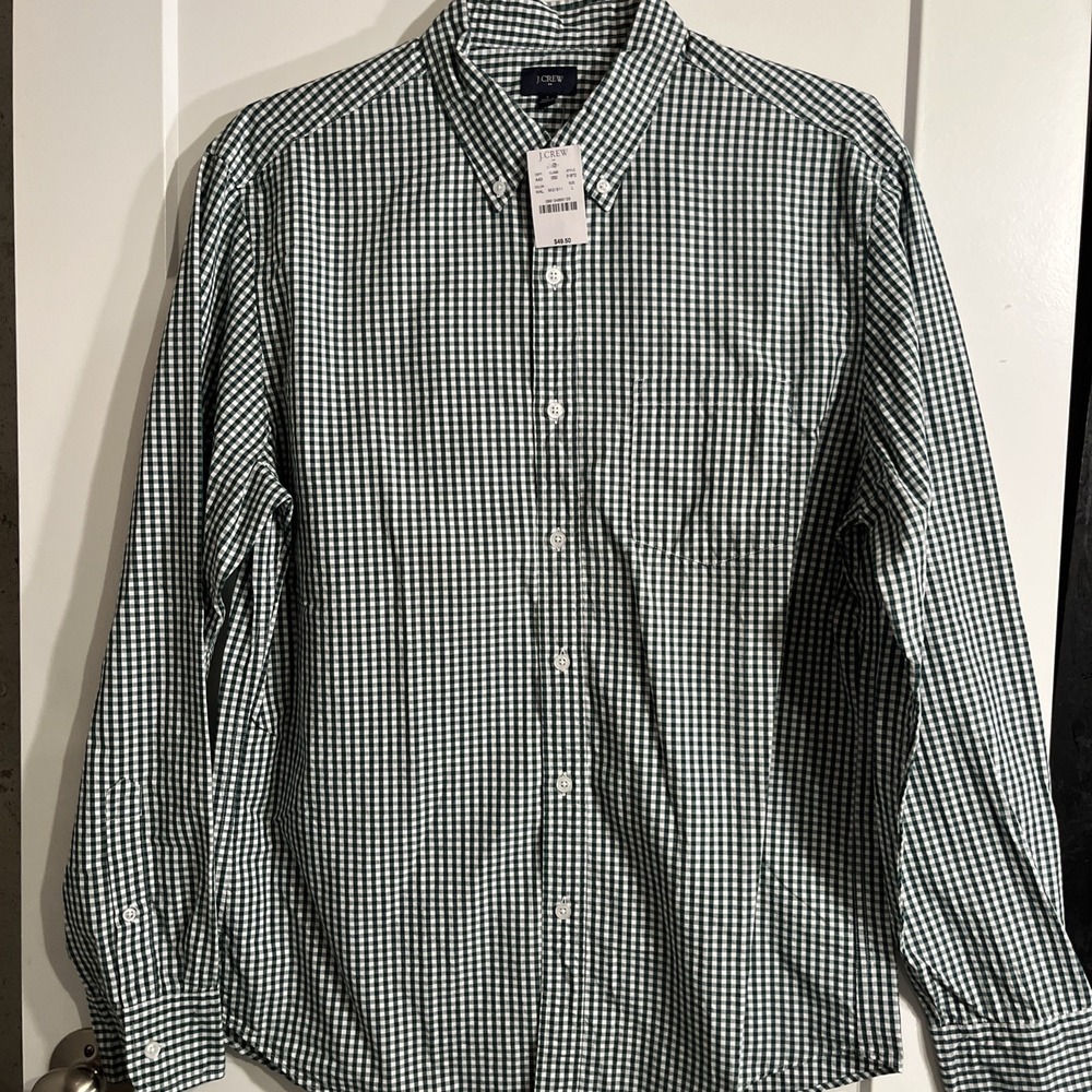 NWT J. Crew Men's Button Down Shirt Green White Checkered Large